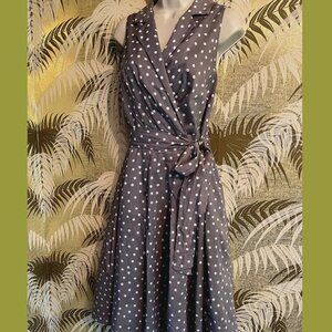 Evan-Picone Gray Polka Dot Cotton Fit and Flare Faux Wrap Dress size 16